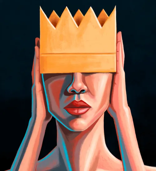 Illustration of a woman holding a crown on her head that is too bid and covers her eyes.