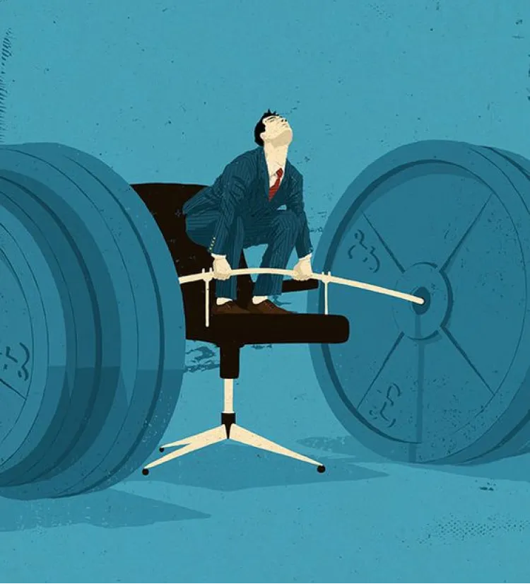 Illustration of a man in business suit deadlifting a heavy bar from the top of an office chair.